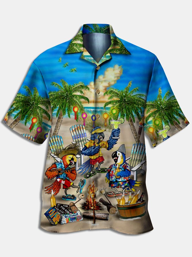 Men's Parrot Print Hawaiian Collar Short Sleeve Trendy Aloha Shirt