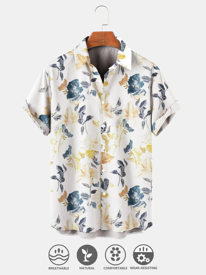Men's Cotton Linen Plant Floral Comfortable Short Sleeve Shirt