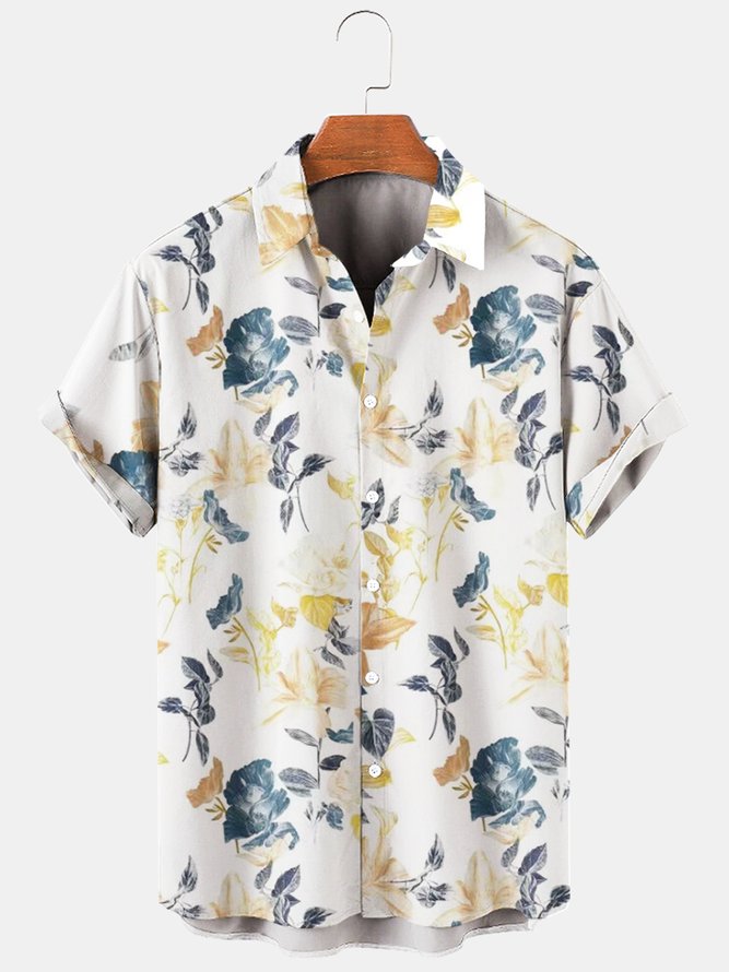 Men's Cotton Linen Plant Floral Comfortable Short Sleeve Shirt