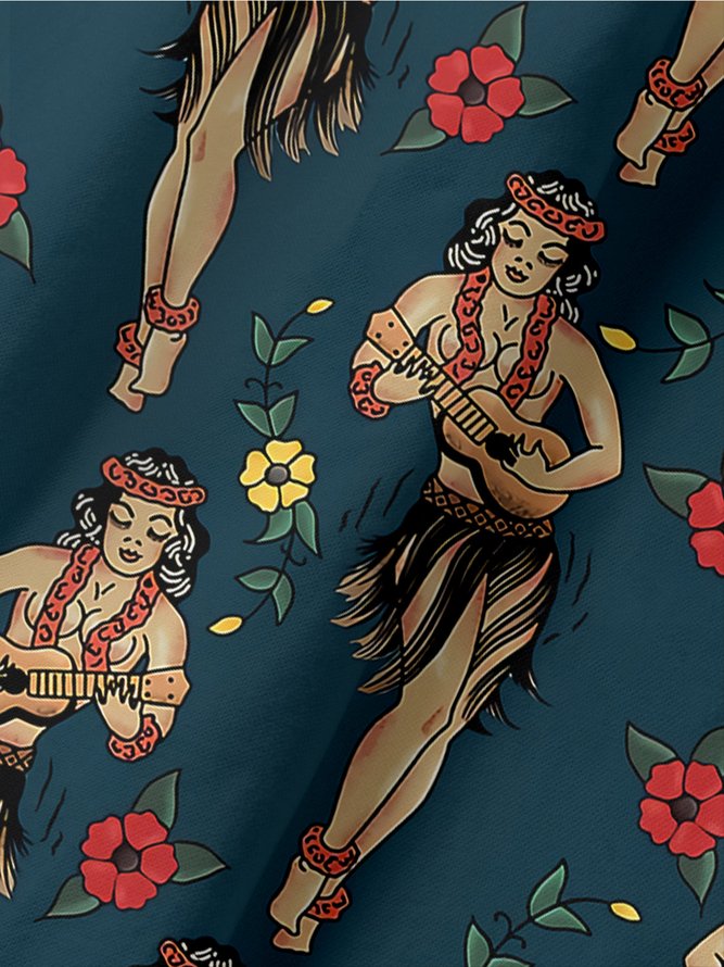 Resort Style Hawaii Series Hula Beauty Element Pattern Lapel Short-Sleeved Polo Print Top