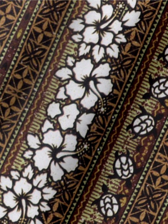 Resort-Style Hawaiian Botanical Floral Geometric Pattern Lapel Short-Sleeved Polo Print Top