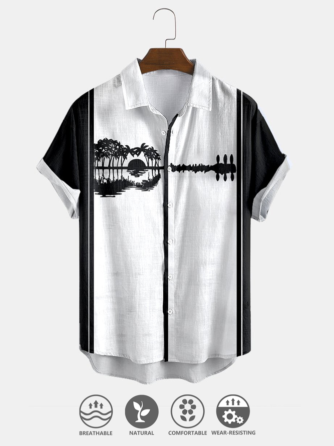 Cotton Linen Style Leaf Guitar Print Basic Versatile Linen Shirt
