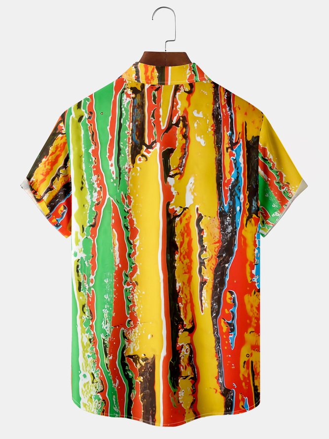Men's Geometric Stripe Printed Casual Short Sleeve Hawaiian Shirt with Chest Pocket