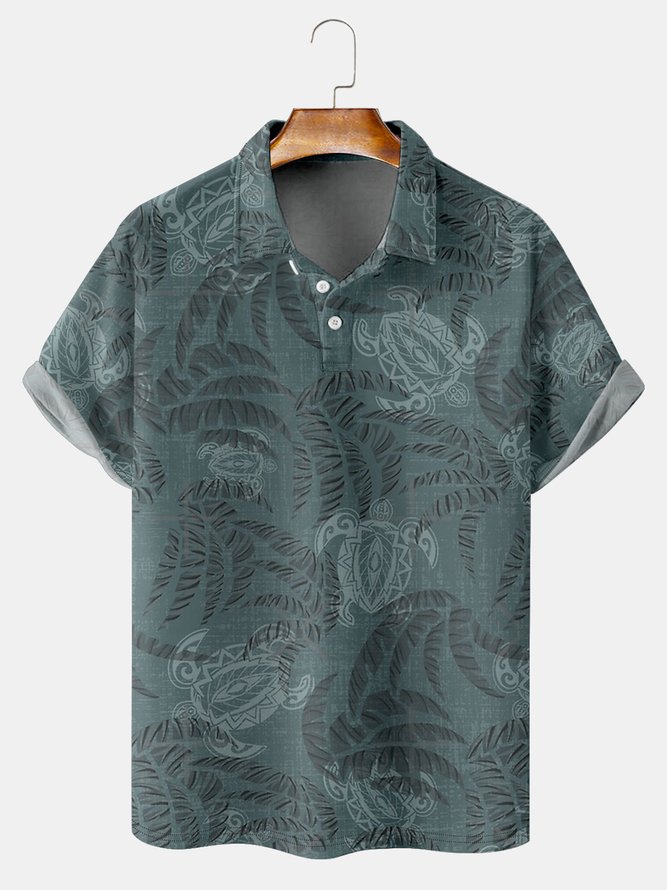 Resort-Style Hawaiian Botanical Turtle Element Pattern Lapel Short-Sleeved Polo Print Top