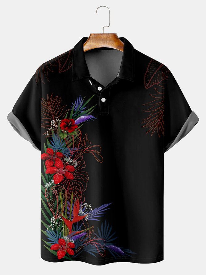 Resort Style Hawaiian Series Leaf And Floral Element Pattern Lapel Short-Sleeved Polo Print Top