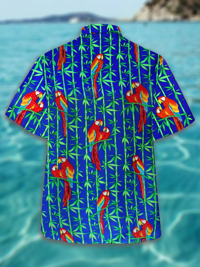 Holiday Style Hawaiian Series Plant Bamboo Parrot Element Pattern Lapel Short-Sleeved Shirt Print Top