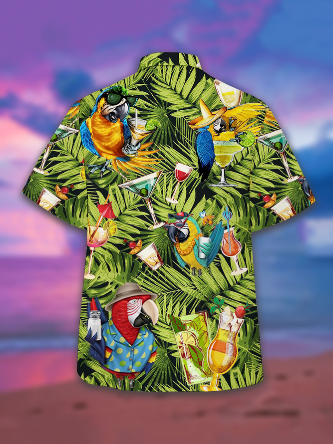 Holiday Style Hawaiian Series Plant Leaves Coconut Tree Parrot Element Pattern Lapel Short-Sleeved Shirt Print Top