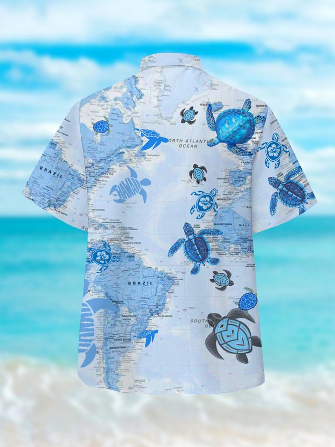 Mens funky Map Sea Turtles Print Casual Breathable Short Sleeve Aloha Shirt