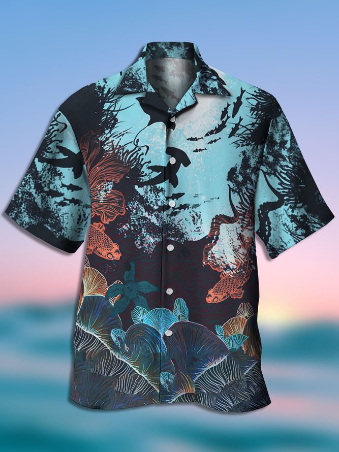 Men's Marine Element Print Casual Fabric Fashion Hawaiian Collar Short Sleeve Shirt