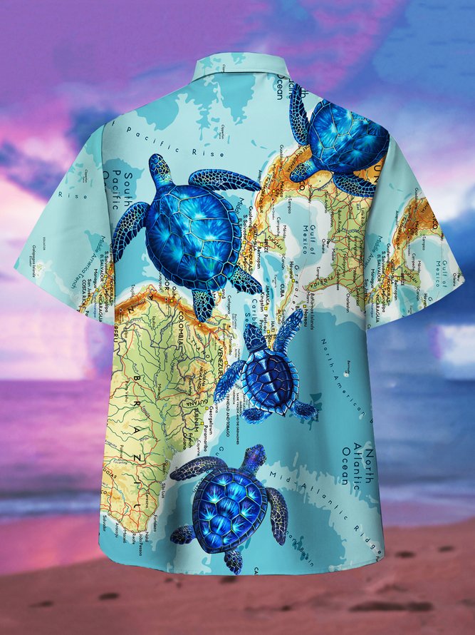 Men's Turtle Print Casual Breathable Hawaiian Short Sleeve Shirt