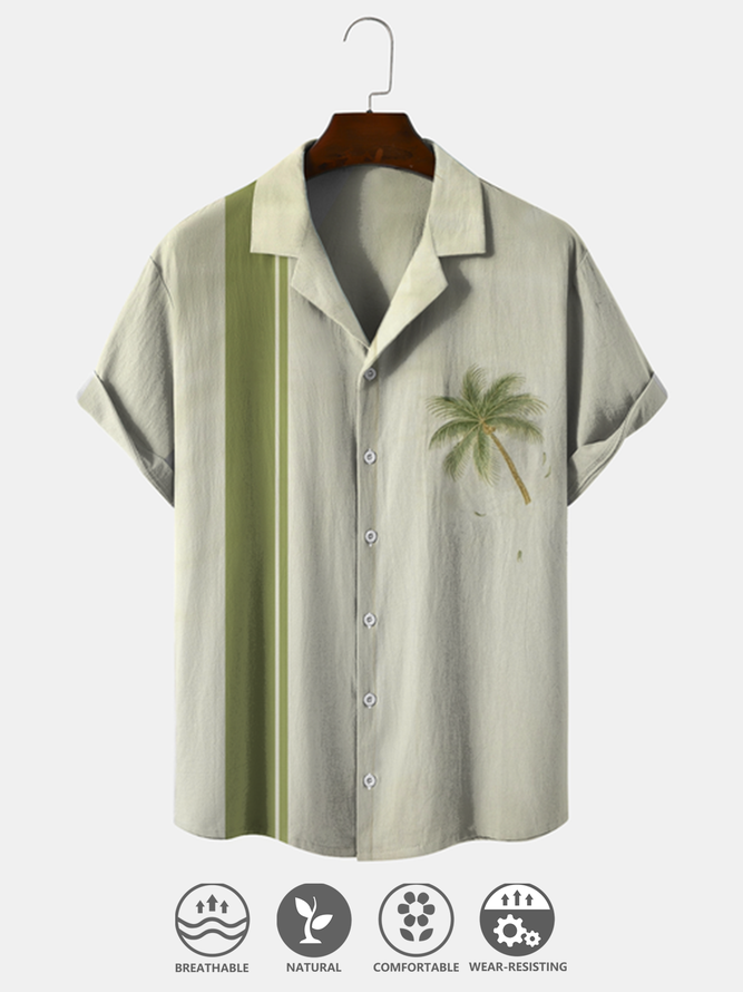 Cotton Linen Style American Botanical Floral Coconut Tree Print Linen Shirt