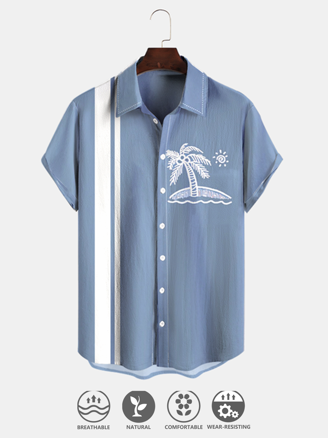Cotton Linen Style Botanical Floral Coconut Tree Print Men's Shirt