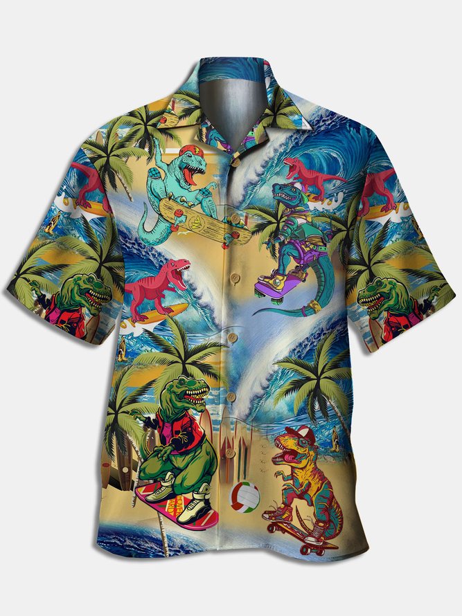 Men's Dinosaur Print Moisture Wicking Fabric Fashion Hawaiian Collar Pocket Short Sleeve Shirt