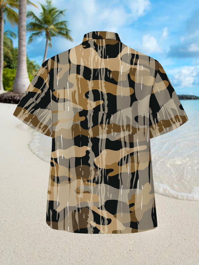 Mens Outdoor Camo Print Casual Breathable Short Sleeve Aloha Shirt
