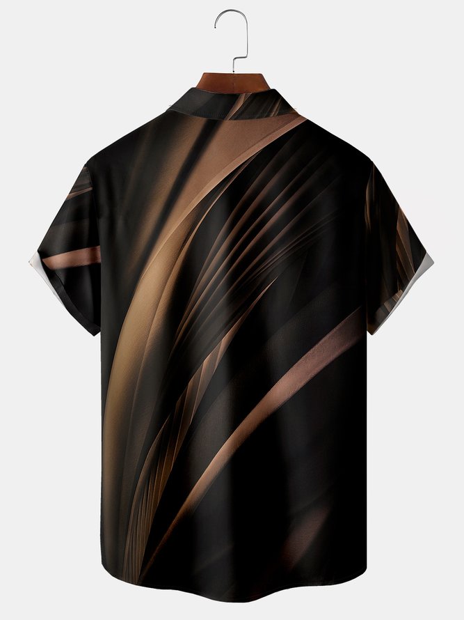 Men's Black Gold 3D Geometric Line Print Casual Breathable Pocket Short Sleeve Shirt