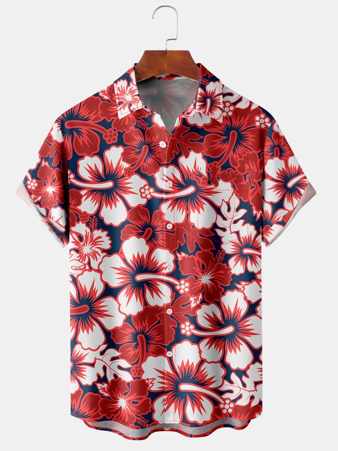 Men's Red Hibiscus Print Casual Breathable Hawaiian Short Sleeve Shirt