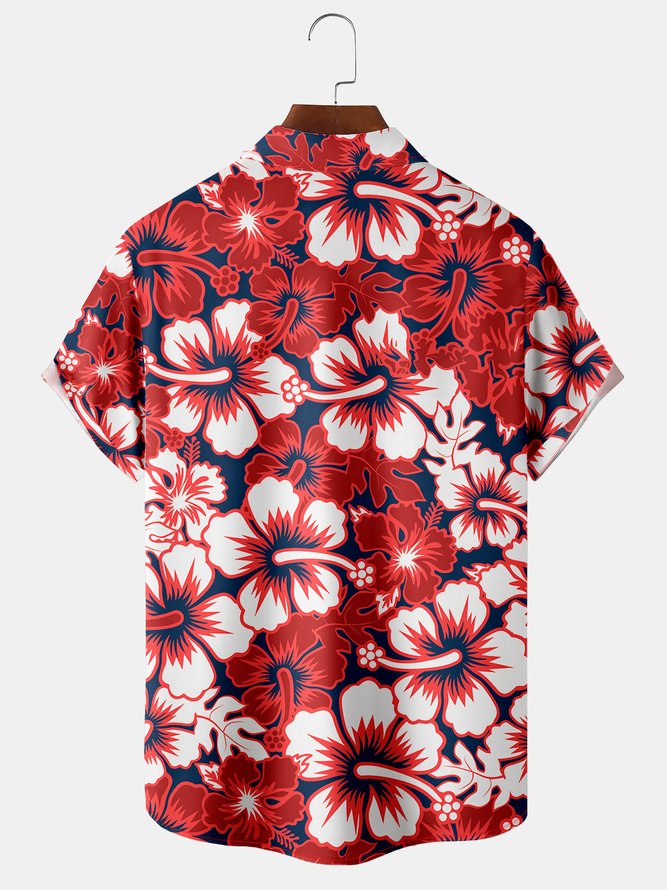 Men's Red Hibiscus Print Casual Breathable Hawaiian Short Sleeve Shirt