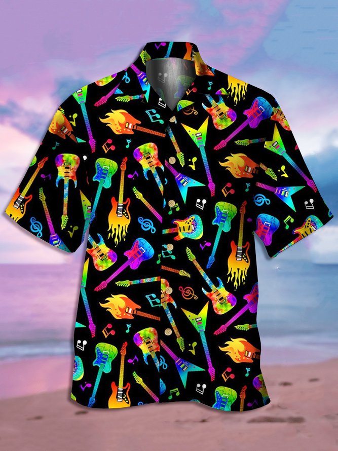 Mens Rock Roll Guitar Print Casual Breathable Short Sleeve Aloha Shirt