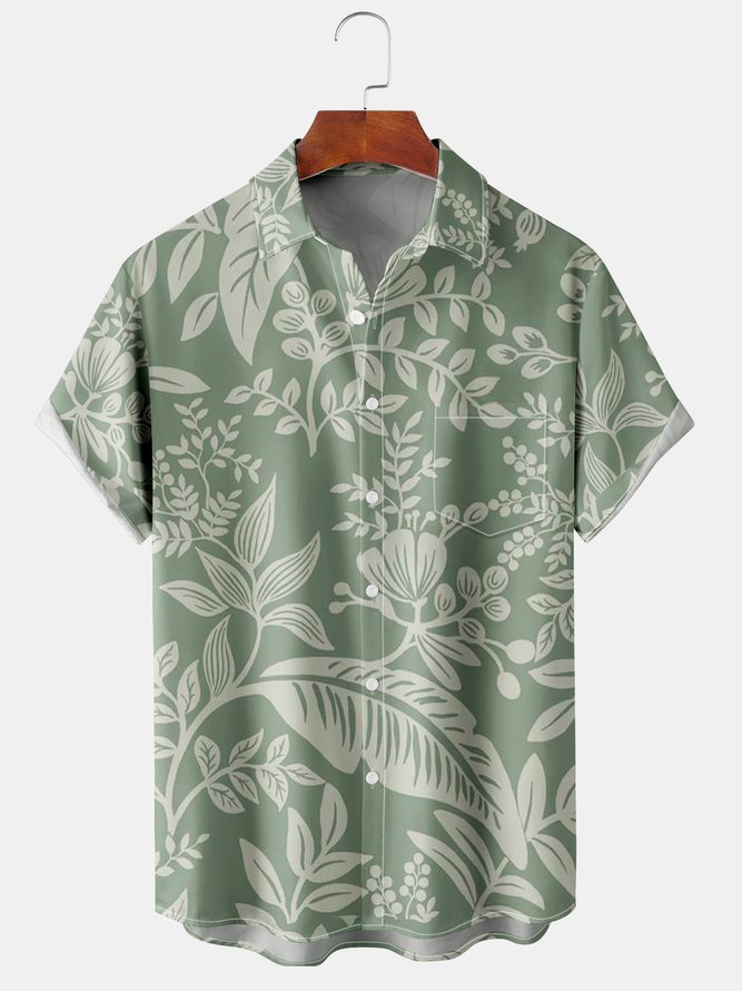 Mens Hawaiian Leaves Print Front Buttons Soft Breathable Chest Pocket Casual Aloha Shirts