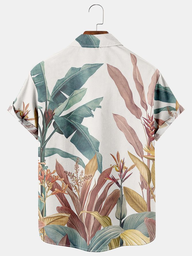 Holiday Style Hawaiian Series Plant Leaves And Floral Elements Pattern Lapel Short-Sleeved Shirt Print Top