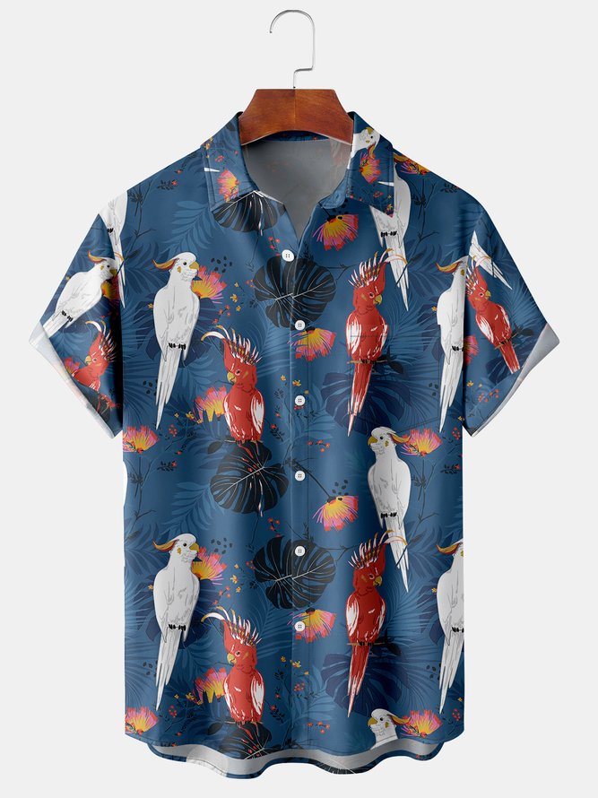 Parrot Graphic Men's Casual Short Sleeve Chest Pocket Hawaiian Shirt