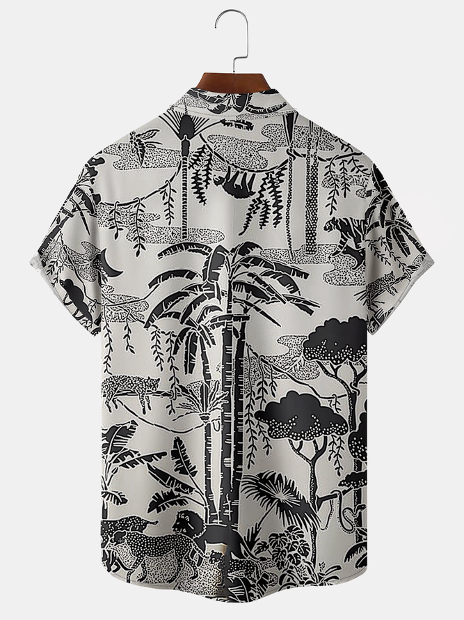 Men's Ocean Print Casual Fabric Fashion Pocket Lapel Short Sleeve Shirt