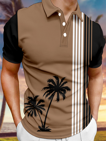 Resort-Style Hawaiian Botanical Coconut Stripe Geometric Pattern Lapel Short-Sleeved Polo Print Top
