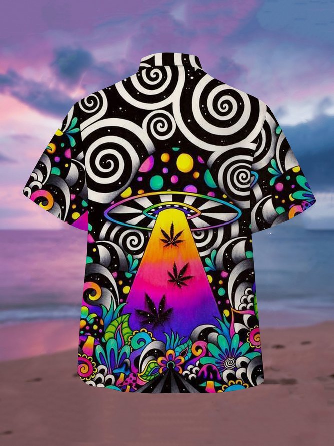 Mens Hippies Mushroom Print Casual Breathable Short Sleeve Aloha Shirt