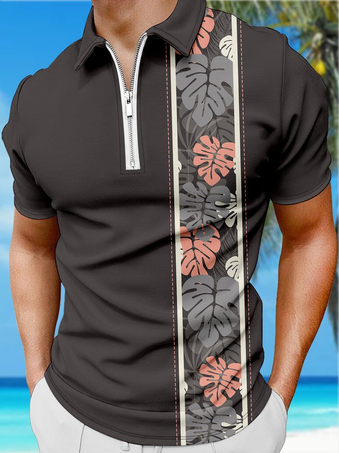 Resort Style Hawaiian Series Botanical Geometric Stripes Leaf Element Pattern Lapel Short-Sleeved Polo Print Top