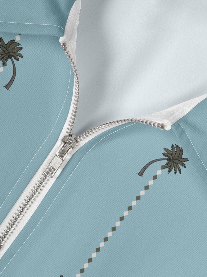 Resort Style Hawaiian Series Botanical Geometric Coconut Tree Element Pattern Lapel Short-Sleeved Polo Print Top