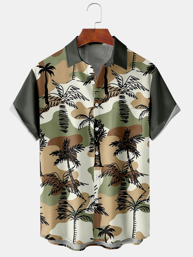 Men's Botanical Camo Print Casual Fabric Fashion Pocket Lapel Short Sleeve Shirt