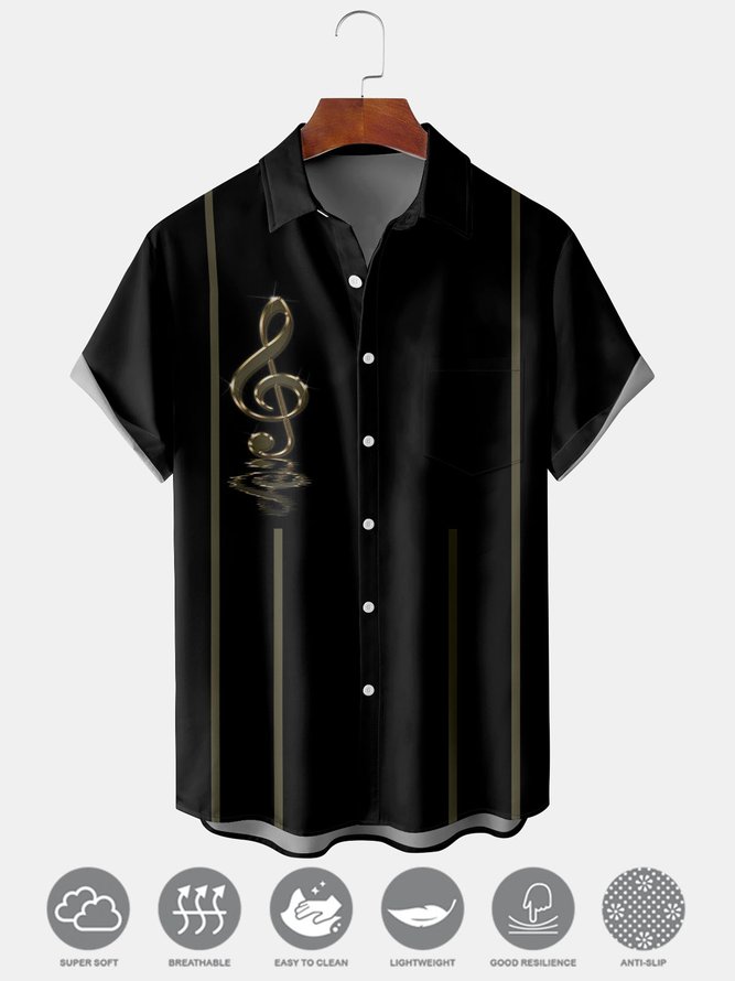 Men's Music Print Moisture Wicking Fabric Fashion kou Hawaiian Lapel Short Sleeve Shirts