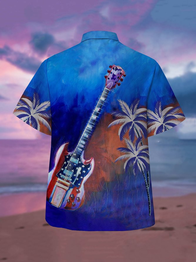Men's Music Floral Print Casual Fabric Fashion Hawaiian Collar Short Sleeve Shirt