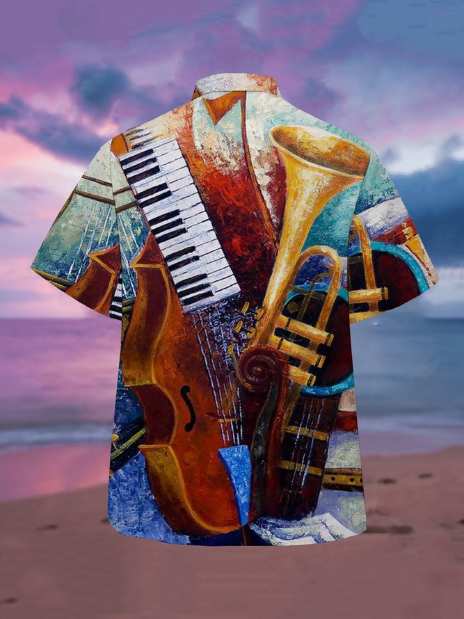 Mens Music Painting Print Casual Breathable Short Sleeve Aloha Shirt