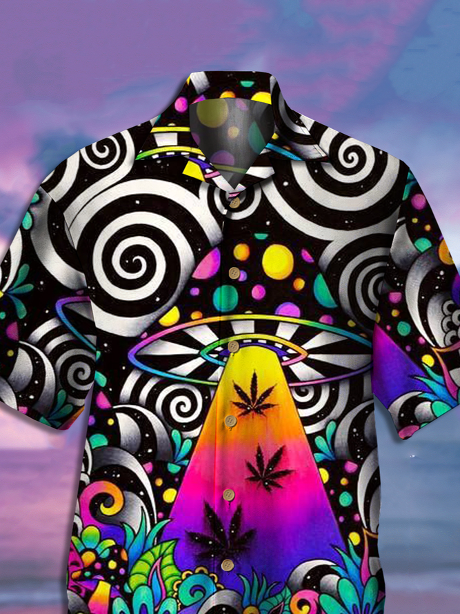 Mens Hippies Mushroom Print Casual Breathable Short Sleeve Aloha Shirt