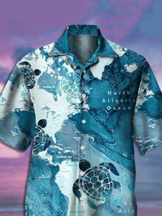Mens Sea Turtles Print Casual Breathable Short Sleeve Aloha Shirt