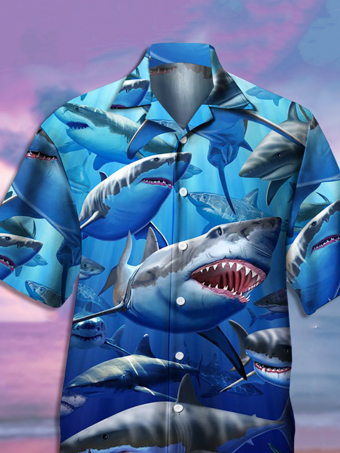Mens Ocean White Sharks Print Casual Breathable Short Sleeve Aloha Shirt