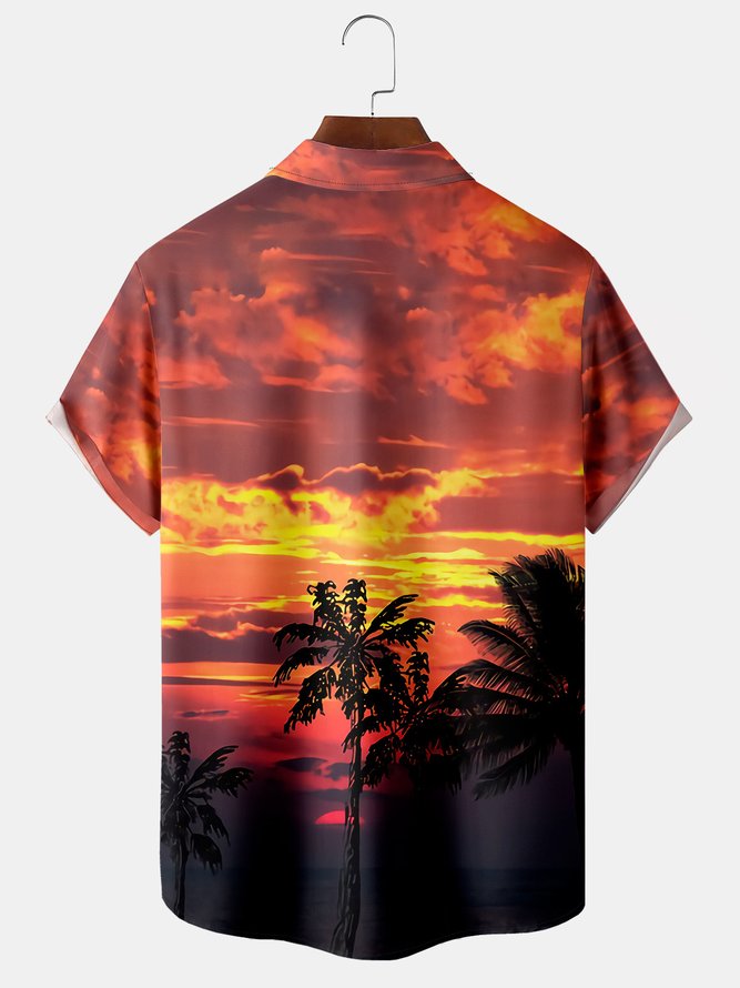 Resort Style Hawaiian Series Sunset Gradient Coconut Tree Element Pattern Lapel Short-Sleeved Shirt Print Top