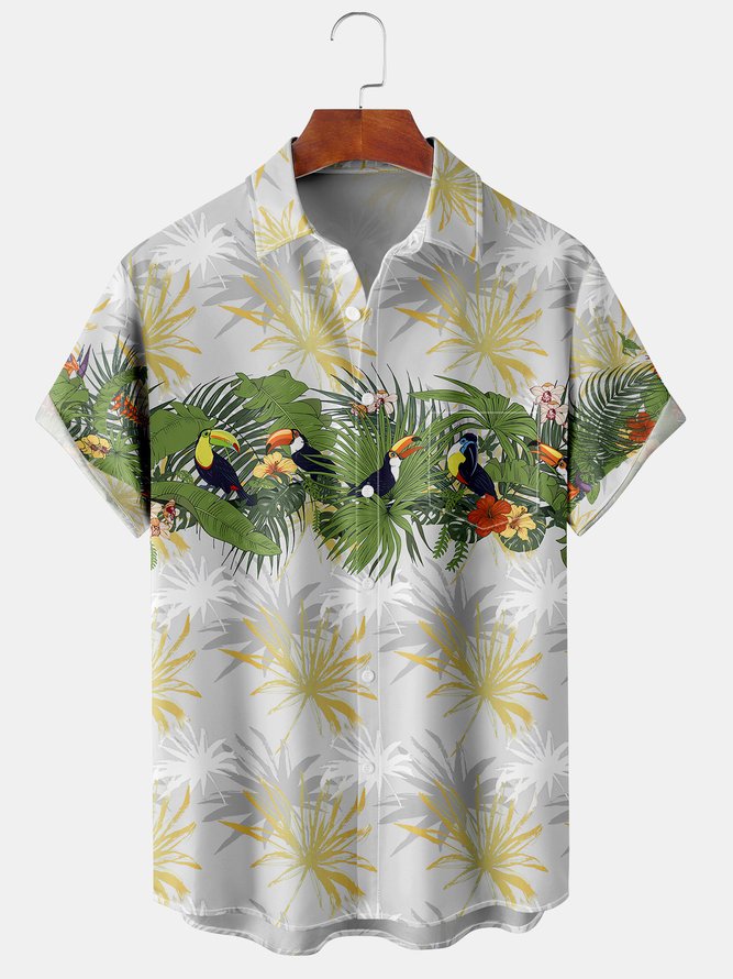 Holiday Style Hawaiian Series Plant Leaf Flower Animal Element Pattern Lapel Short-Sleeved Shirt Print Top