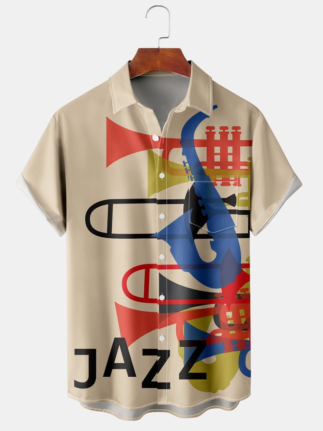 Casual Music Collection Geometric Stripes Guitar Pattern Lapel Short Sleeve Shirt Print Top