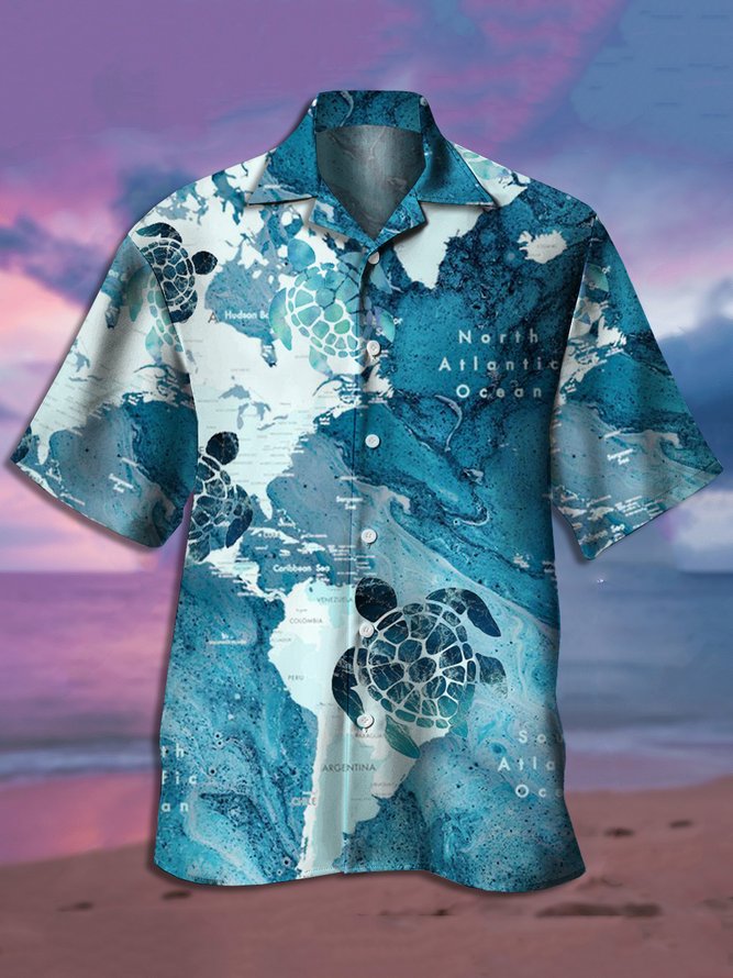 Mens Sea Turtles Print Casual Breathable Short Sleeve Aloha Shirt