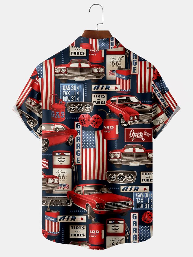Mens Funky American Flag Vintage Cars Print Front Buttons Soft Breathable Chest Pocket Casual Aloha Shirts