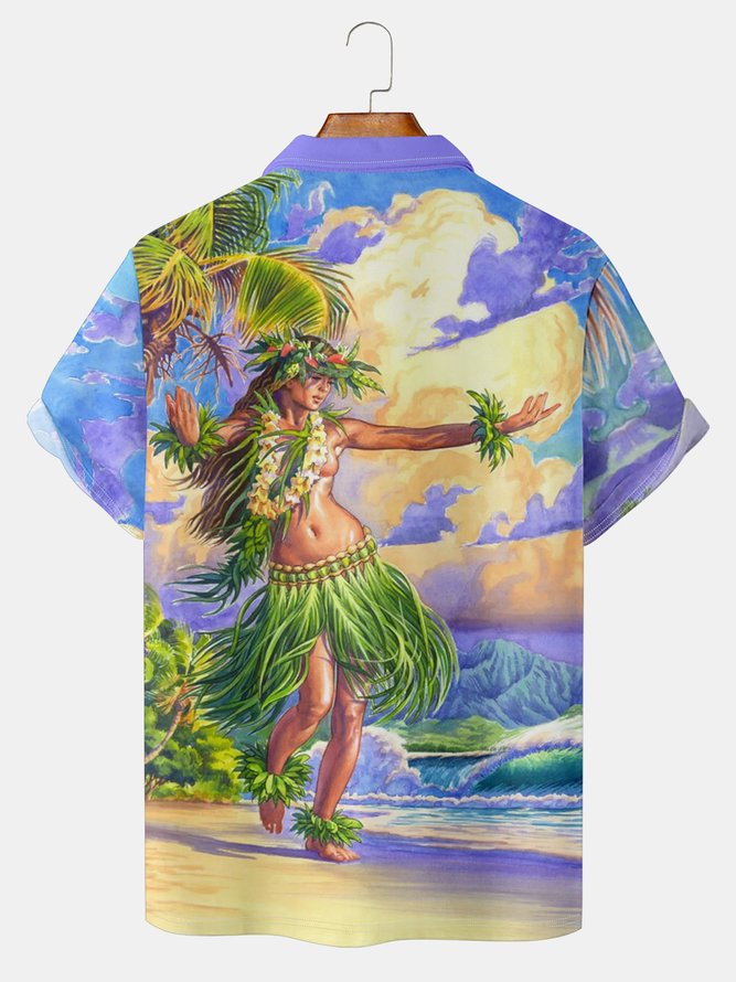 Holiday Style Hawaii Series Plant Coconut Tree Retro Beauty Element Pattern Lapel Short-Sleeved Polo Print Top