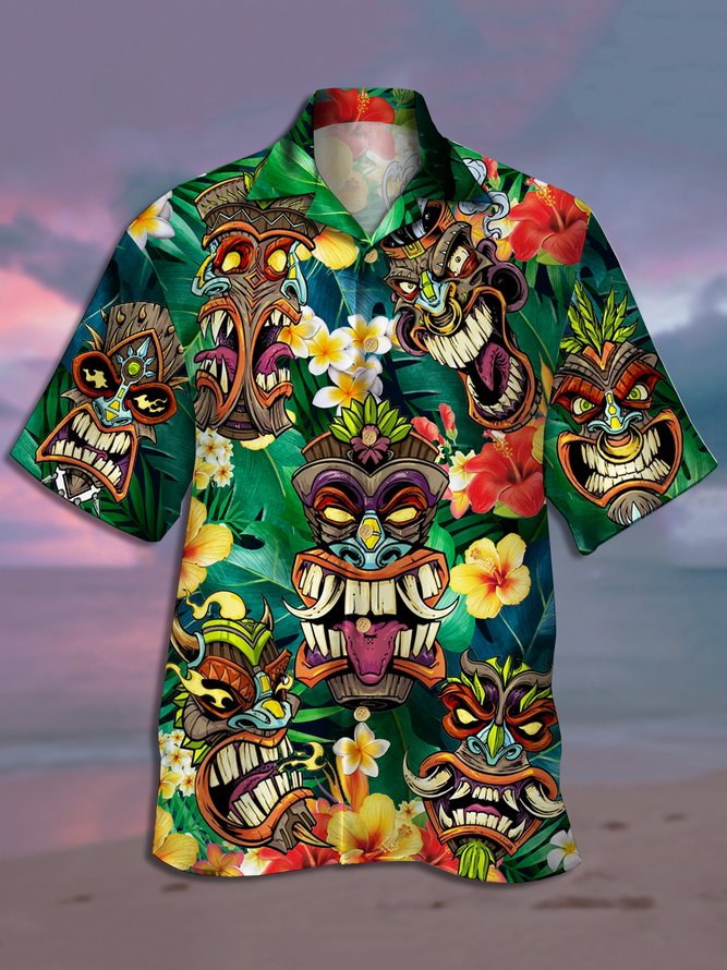 Men's Vintage TIKI Mask Print Casual Breathable Hawaiian Short Sleeve Shirt