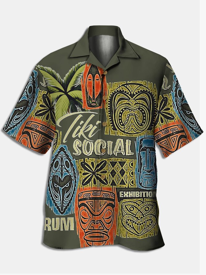 Men's Tiki Floral Print Casual Fabric Fashion Hawaiian Collar Short Sleeve Shirts