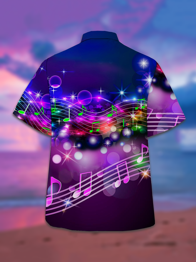 Casual Music Collection Gradient Geometric Stripes Note Element Pattern Lapel Short Sleeve Shirt Print Top