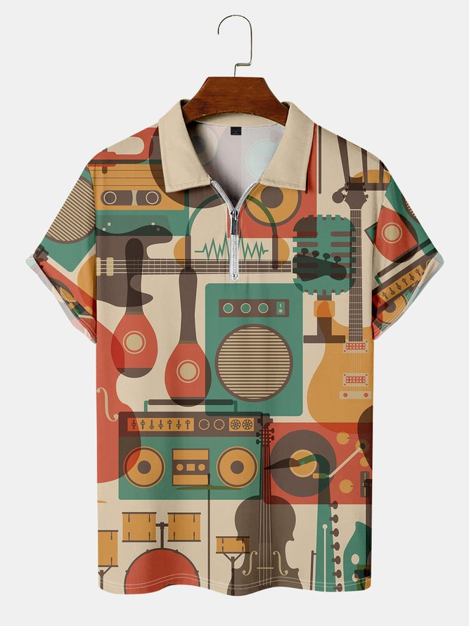 Casual Music Collection Geometric Instrument Guitar Pattern Lapel Short Sleeve Polo Print Top