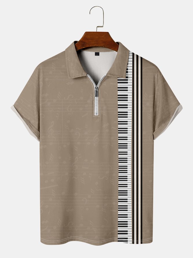 Casual Music Collection Geometric Stripes Notes Sheet Piano Elements Pattern Lapel Short Sleeve Polo Print Top