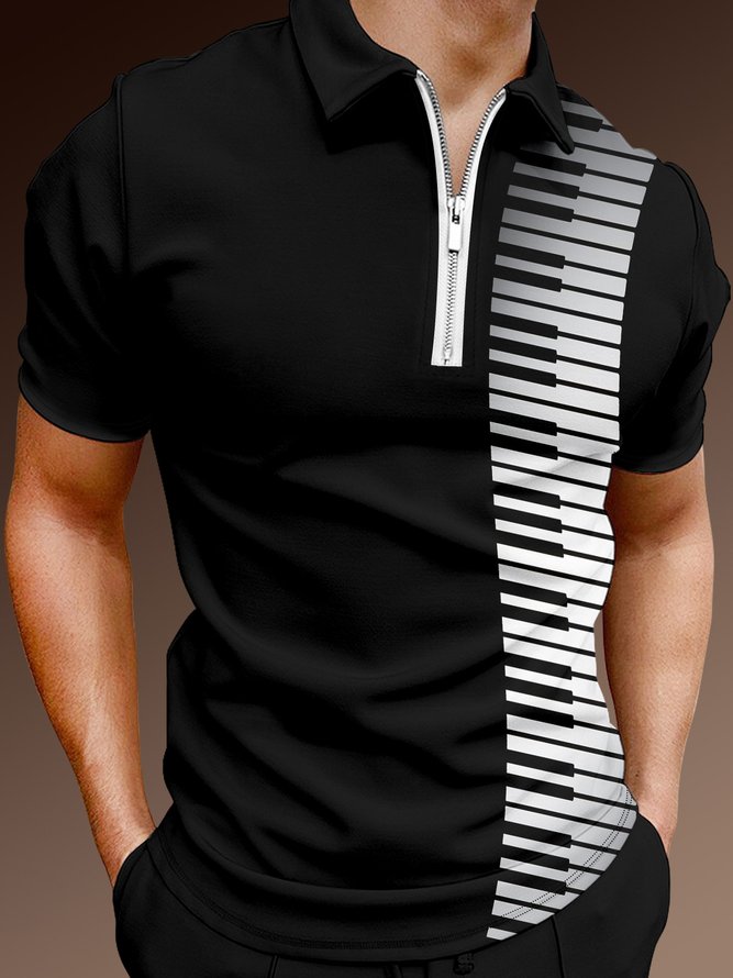 Casual Music Collection Geometric Color Block Piano Element Pattern Lapel Short Sleeve Polo Print Top