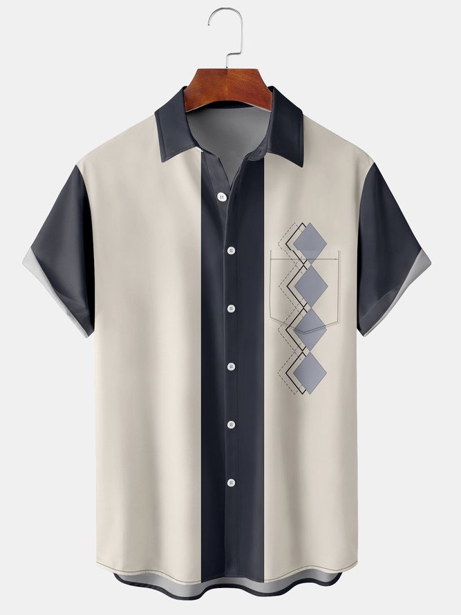 Casual Art Collection Geometric Stripes Color Block Pattern Lapel Short Sleeve Chest Pocket Shirt Print Top